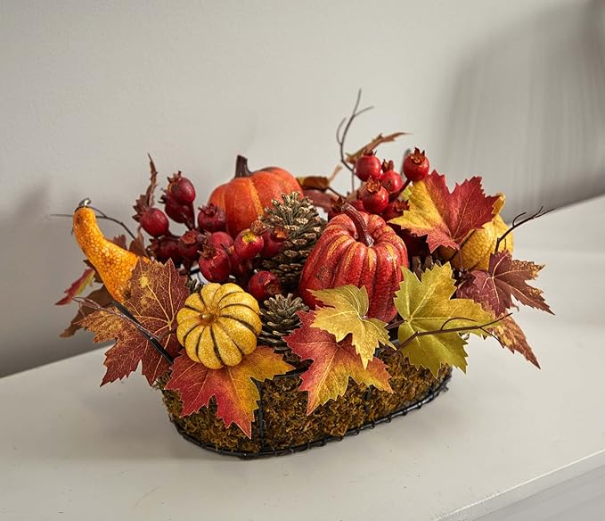 Nearly Natural Pumpkin, Gourd, Berry and Maple Leaf Artificial Arrangement 17 in. W x 12 in. D x 9 in. H