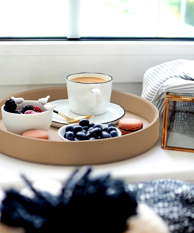 12.6 Inch Round Serving Tray, Home Decorative LeatherOttoman Wooden Decor Platter Bathroom Vanity Tray for All Occasions Anti Slip Khaki