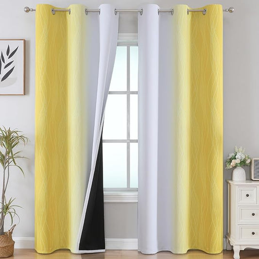 Estelar Textiler Yellow and Greyish White Gradient Room Darkening Blackout for Living Room, Thermal Insulated Ombre Light Blocking Grommet Blackout Drapes for Bedroom, 42Wx84L, 2 Panels