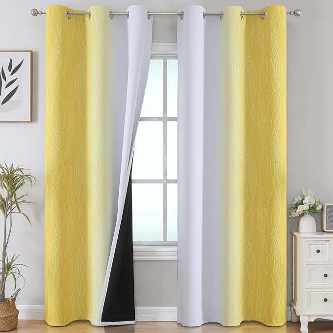 Estelar Textiler Yellow and Greyish White Gradient Room Darkening Blackout for Living Room, Thermal Insulated Ombre Light Blocking Grommet Blackout Drapes for Bedroom, 42Wx84L, 2 Panels
