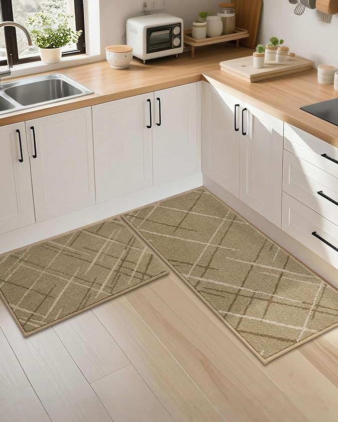 COSY HOMEER Kitchen Mats, 2 PCS Kitchen Rug Non Slip Washable, Absorbent Runner Rugs for Kitchen Floor, Polyester Kitchen Sink Rug 20"x32" + 20"x48"(Beige)