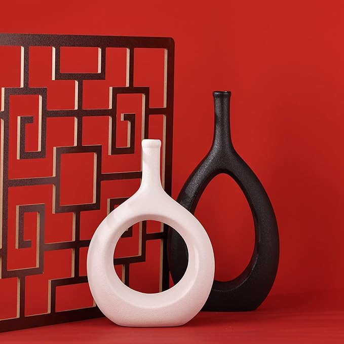 Black and White Ceramic Hollow Elliptical Vase Set of 2 - Boho Circle Vase with Hole, for Modern Black and White Table Decor, Living Room Decor Shelf mid Century Modern Home Entrance Decorative vase