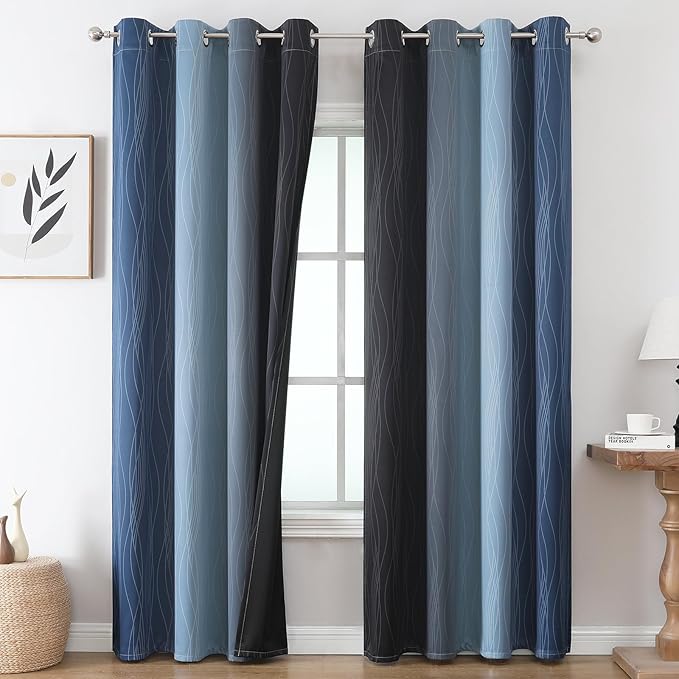 Estelar Textiler Navy Blue and Black Ombre Blackout Curtains 90 Inches Long 2 Panels for Living Room, Thermal Insulated Drapes for Bedroom,Full Room Darkening Grommet Curtains for Sliding Door,52Wx90L