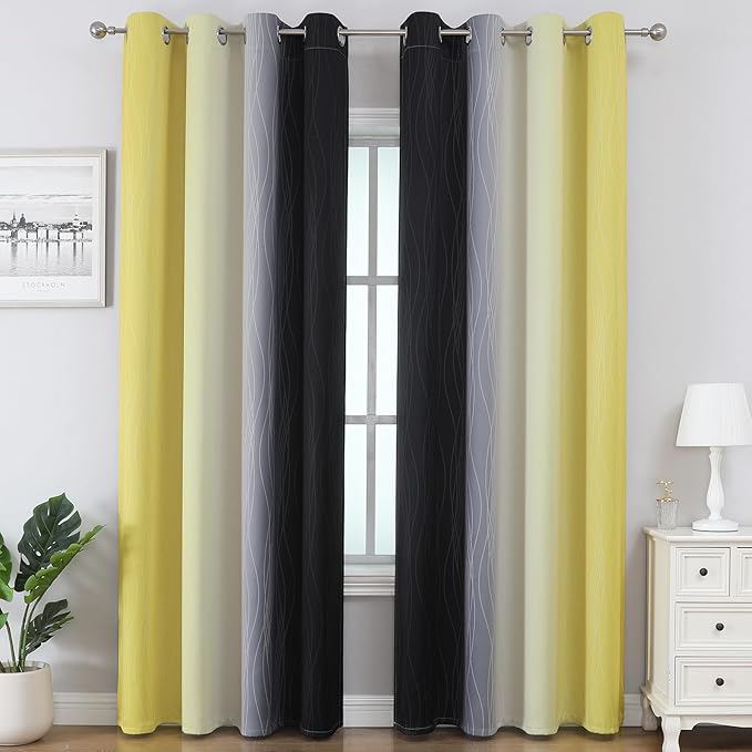 Estelar Textiler Yellow and Black Blackout Curtains 102 Inch Length 2 Panels Set, Thermal Insulated Ombre Grommet Drapes for Bedroom, Full Room Darkening Gradient Curtains for Living Room, 52Wx102L