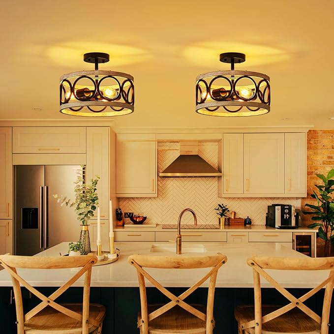 XINGQI Modern Farmhouse Ceiling Light Drum 3-Light Farmhouse Ceiling Lighting Fixture White Wood Grain Finish Semi Flush Mount Ceiling Lights 13” Metal Round Ceiling Lamp for Bedroom Entryway