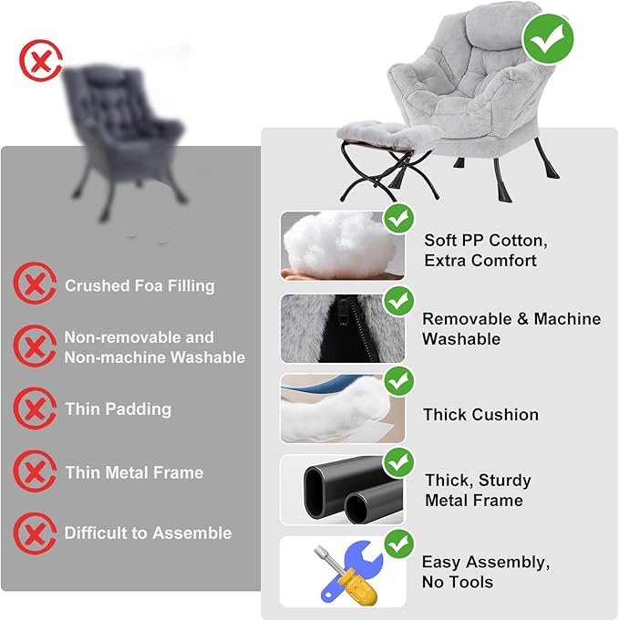Lazy Chair with Ottoman, Modern Reading Chair with Folding Footrest, Comfortable Lounge Accent Chair for Bedroom, Study, Living Room, Courtyard (Plush Grey)