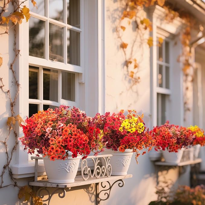 16 Bundles Artificial Fall Flowers, UV Resistant Faux Plants for Outdoor Decor - Fake Greenery for Porch, Patio, Garden, Thanksgiving Christmas Home Decoration (Mixed Colors)