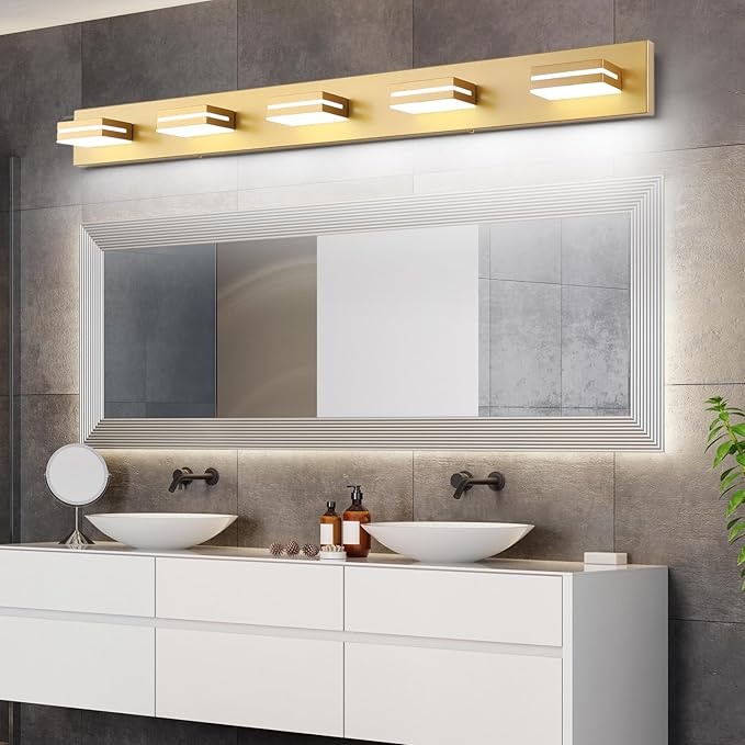 SineRise LED Modern Bathroom Vanity Light Fixtures (6-Light, 48-Inch), Matte Gold Modern Acrylic Bathroom Wall Lighting Fixtures Over Mirror (Cool White 6000K)