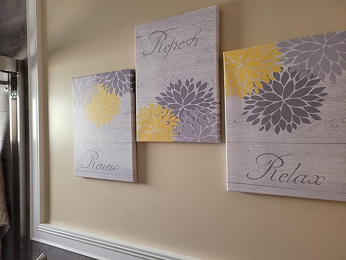 Zlove Yellow and Grey Bathroom Decor, Dahlia Flower Pictures Wall Art - Relax Refresh Renew Bathroom Pictures Wall Decor, 12"X16", 3Pcs