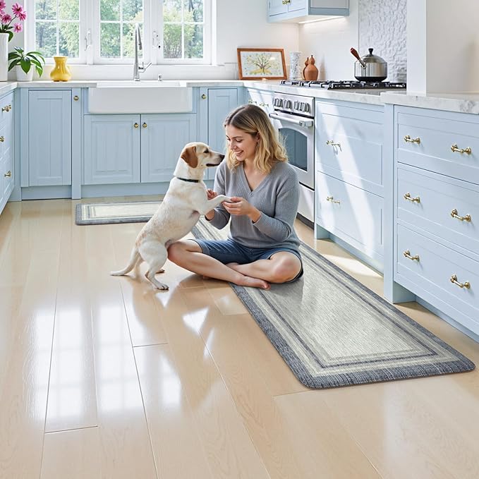 KIMODE Anti Fatigue Kitchen Mats for Floor, Blue Grey Farmhouse Kitchen Rugs Sets of 2, Padded Kitchen Floor Mats Non Slip, Cushioned Standing Mats for Front of Sink Laundry Desk 20"x71"+20"x32"