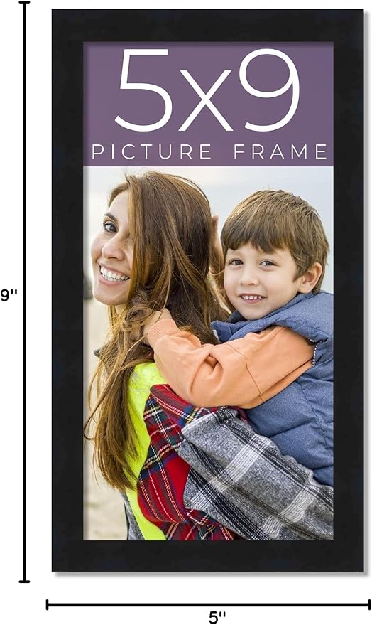 5x9 in Frame Black Real Wood Picture Frame Width 0.75 Inches | Interior Frame Depth 0.5 Inches | Noir Classique Mid Century Photo Frame Complete with UV Acrylic, Foam Board Backing & Hanging Hardware