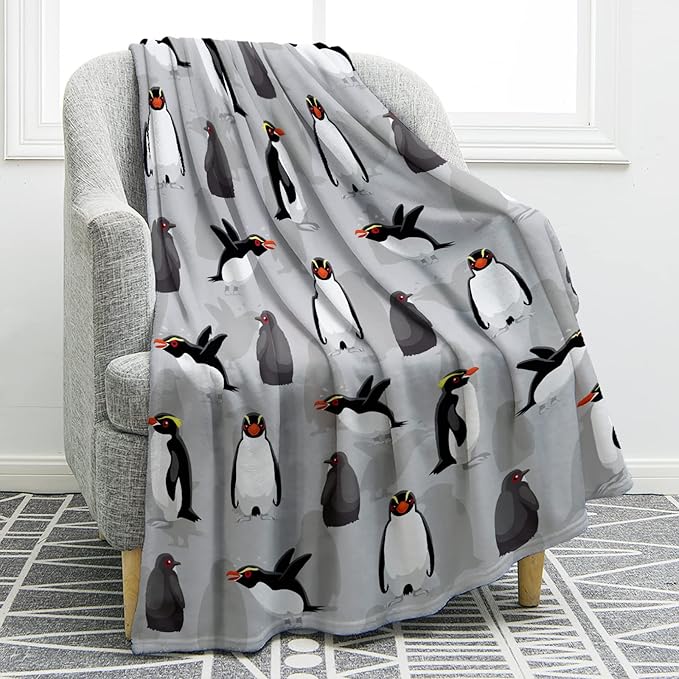 Jekeno Penguin Blanket Birthday for Dad Women Kids Boys Teens Presents Home Bedroom Living Room Antarctic Animals Decor Soft Cozy Plush Throw Blankets Grey 50"x60"