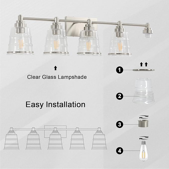 Brushed Nickel Bathroom Vanity Light Fixture, 5 Light Bathroom Light Fixtures Over Mirror with Clear lampshade and Metal Base Sconce, 37 inch Modern Vanity Light for Bathroom(Exclude E26 Bulb)