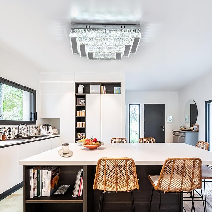 Finktonglan Square Crystal LED Ceiling Light Fixtures, 15' Modern Chandelier 3-Tiers Flush Mount Ceiling Lamp for Living Room Dining Room (6500K Cool White)