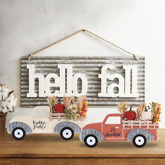 NEEDOMO Fall Decorations for Home, Large Size 2 Pack Wood Truck with Pumpkin Fall Decor, Decorative Wooden Truck Set for Room, Table, Tiered Tray, Mantel, Thanksgiving Decorations