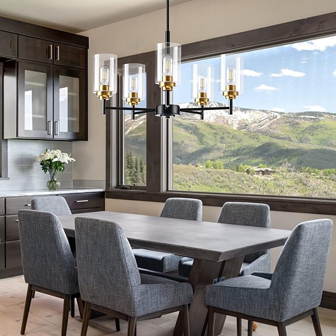 Kitchen Island Lighting - 5 Lights Modern Glass Chandelier for Dining Room, Farmhouse Pendant Light Over Table for Foyer Living Room Bedroom (Black and Gold)