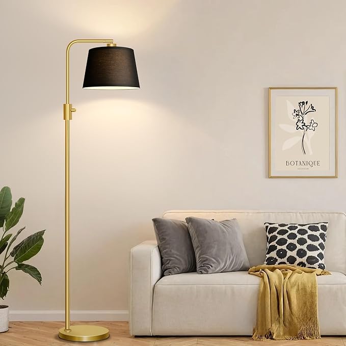 Nintiue Dimmable Gold Floor Lamp, 1000 LM LED Edison Bulb Included, Arc Floor Lamps for Living Room with Black Shade, Modern Standing Lamp Tall Lamps for Living Room Bedroom