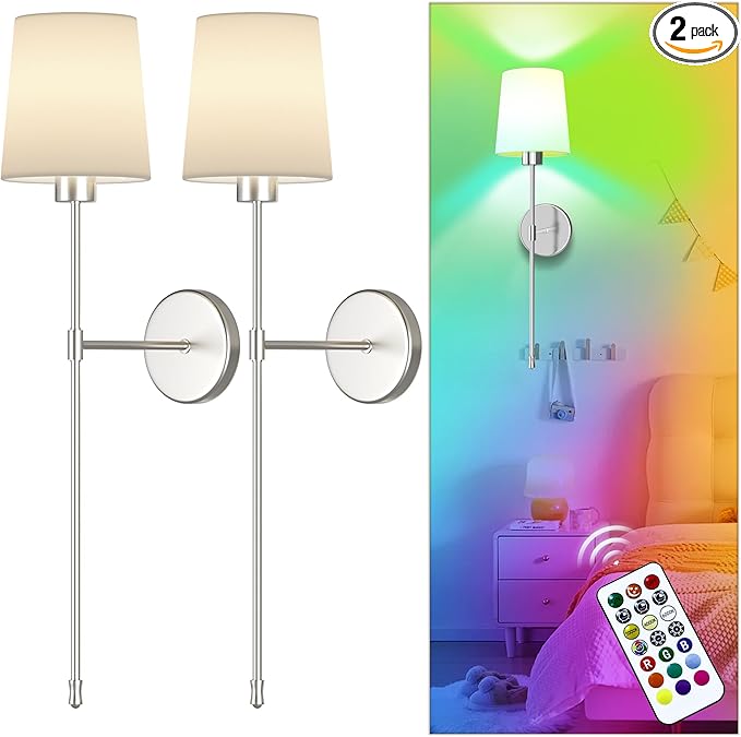 10000mAh Battery Operated Wall Sconces Set of Two, 28 Inches Long Wireless Sconces Set of 2 Wall Light with RGB Rechargeable Magnetic Bulb, Sconces Wall Decor Set of 2 for Bedroom Living Room, Silver