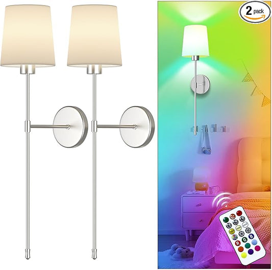 10000mAh Battery Operated Wall Sconces Set of Two, 28 Inches Long Wireless Sconces Set of 2 Wall Light with RGB Rechargeable Magnetic Bulb, Sconces Wall Decor Set of 2 for Bedroom Living Room, Silver