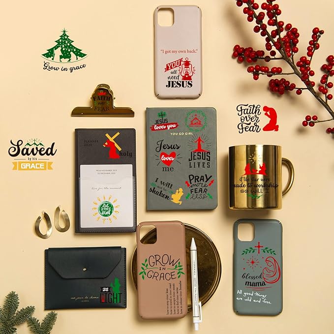 Epakh 45 Pcs Large Christmas Inspirational Vinyl Stickers for Crafts Scrapbooking Christmas Ball Bottle Decals Positive Word Window Stickers Motivational Quote Wall Decal, 45 Color Words(Jesus Style)