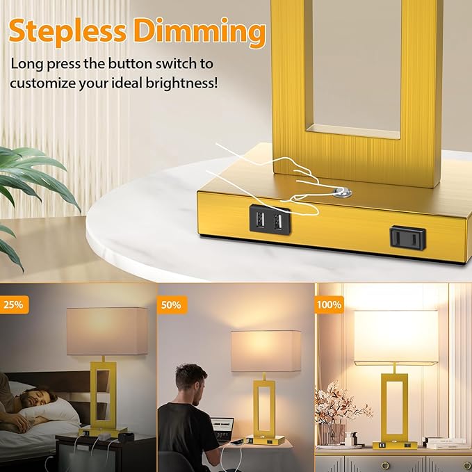 3 Way Dimmable Table Lamps for Bedrooms Set of 2, 27.2ββ Super Tall Modern Gold Lamps for Living Room Nightstand End Tables, Button Touch Control Bedside Lamps with 2 USB Ports, E26 Bulbs Included