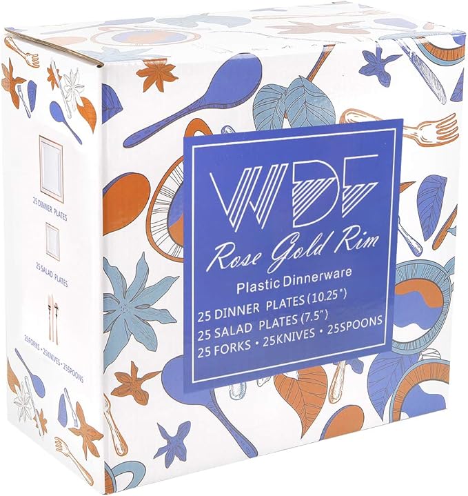 WDF 125pcs Rose Gold Plates with Disposable Silverware - Plastic Plates Dinnerware Include 25Dinner Plates,25 Salad Plates,25 Forks,25 Knives,25 Spoons for Wedding, Party