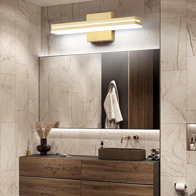 SineRise LED Modern Bathroom Vanity Light Fixtures (16-Inch, 3000K/4000K/6000K, Dimmable), Gold Modern Acrylic Bathroom Wall Lighting Fixtures Over Mirror