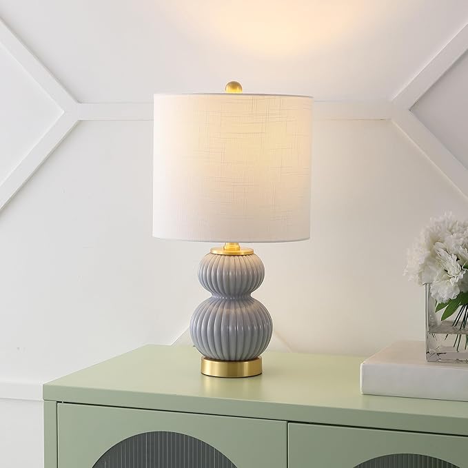 JONATHAN Y JYL1099C Daphne 20" Contemporary Transitional Metal/Glass Ribbed Gourd LED Table Lamp Bedroom, Living Room, Office, Dining Room, Gray/Brass Gold