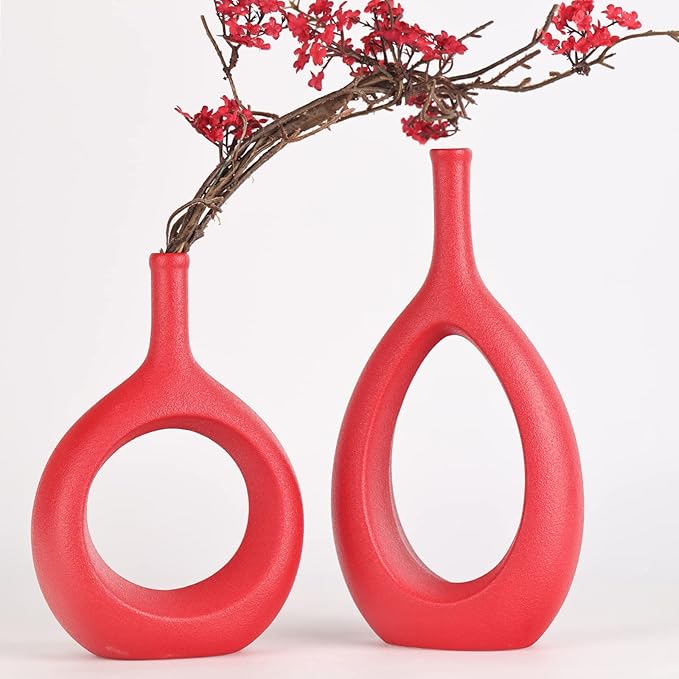 Red Ceramic Hollow Elliptical Vase Set of 2 - Boho Circle Vase with Hole, for Modern Red Table Decor, Living Room Decor Shelf mid Century Modern Home Entrance Decorative vase
