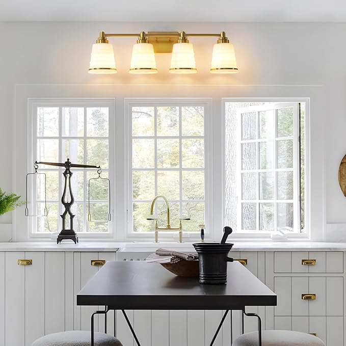 Gold Bathroom Vanity Light Fixture, 4 Light Bathroom Light Fixtures Over Mirror with Milky White Glass and Metal Base Wall Sconce, 29.1 inch Modern Vanity Light for Bathroom(Exclude E26 Bulb)