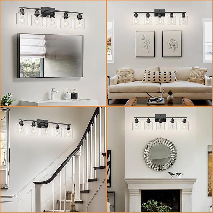 5 Light Bathroom Vanity Light, Bathroom Light Fixtures Black with Clear Glass,30 inch Vanity Lights for Mirror Living Room Bedroom Hallway E26 Base