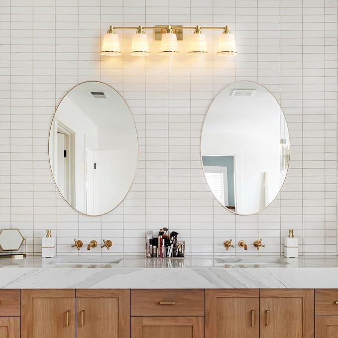 Gold Bathroom Vanity Light Fixture, 5 Light Bathroom Light Fixtures Over Mirror with Milky White Glass and Metal Base Wall Sconce, 37 inch Modern Vanity Light for Bathroom(Exclude E26 Bulb)