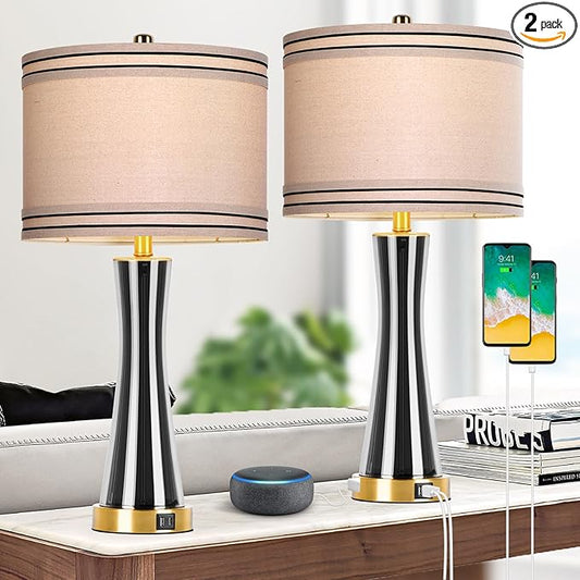 27.4''Table Lamps for Living Room Set of 2,3-Way Dimmable Modern Glass Bedside Lamps with USB Ports,Tall Lamps for Night Stands,Touch End Table Lamps for Bedroom Desk Lamps for Home Office(Grey)