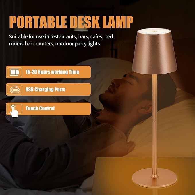 2Pack Cordless Table Lamps USB Rechargeable Simplicity Desk Lamp Built-in 4600 mAh Battery LED Battery Operated lamp with Touch Control Table lamp - Bedroom/Desk/Reading/Patio(Brown)