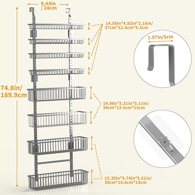 Moforoco Grey Over The Door Pantry Organizer, Pantry Door Organizer Shelves, Kitchen Organizers and Storage, Hanging Basket Wall Spice Rack Seasoning Shelves, Laundry Room Bathroom accessories