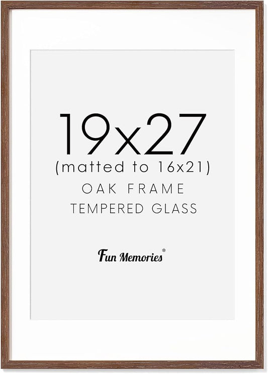 Solid Oak Wood Frame - 19x27, Matted to 16x21, Real Glass, Walnut Color, 1 Pack
