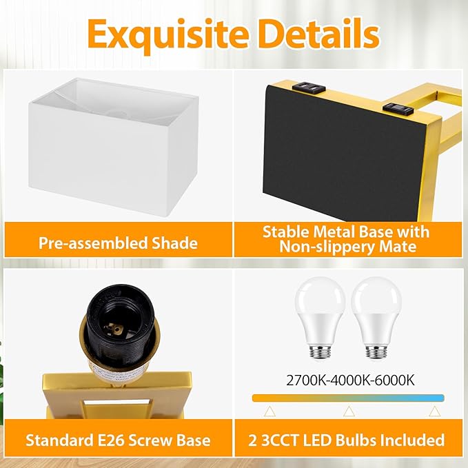 3 Color Temperatures Touch Control Table Lamps Set of 2, Stepless Dimmable Bedside Lamps with 2 USB Ports&AC Outlet, Modern Nightstand Lamps for Bedroom Living Room, Bulbs Included, Gold&White