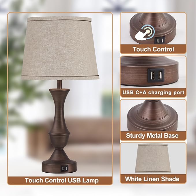Touch Table Lamps Set of 2, 22" Tall Bedside Lamps with USB C+A Ports, 3-Way Dimmable Table Lamp, Nightstand lamps for Bedroom, Living Room, Office, Brown Lamps with Beige Lampshade, Bulbs Included