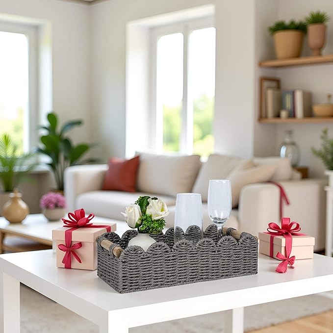 CubesLand Scalloped Edge Decor Baskets for Home, Living Room, Toilet Paper Storage Basket for Over Toilet Tank Top, Storage Shelf, Cute Small Paper Rope Baskets Both Storage&Decor, Set 2 Grey