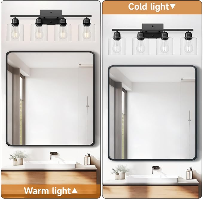 Black Vanity Lights for Bathroom 4 Light, Black Bathroom Light with Clear Glass, Wall Lights for Mirror Living Room Bedroom Hallway E26 Base