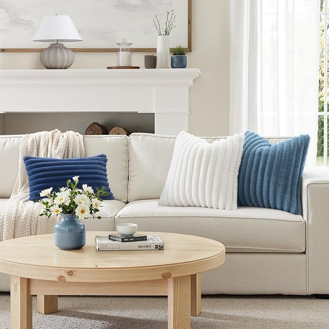 MIULEE Faux Fur Large Decorative Throw Pillow Covers 24x24 Inch Set of 2, Coastal Modern Art Home Decor Soft Plush Couch Pillows Cozy Fluffy Cushion Covers for Sofa Bed Grey Blue