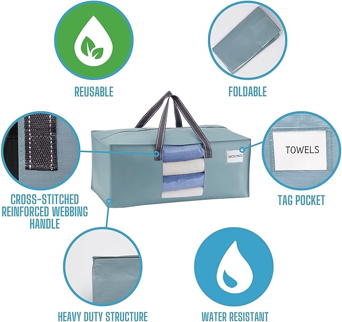 VENO 4 Pack Moving Bags for College, Heavy-Duty Storage Totes, Moving Boxes and Wardrobe Packing Supplies Alternative - Extra Large Durable Laundry Bags for Clothes (Light Blue Matte, 4 Pack)