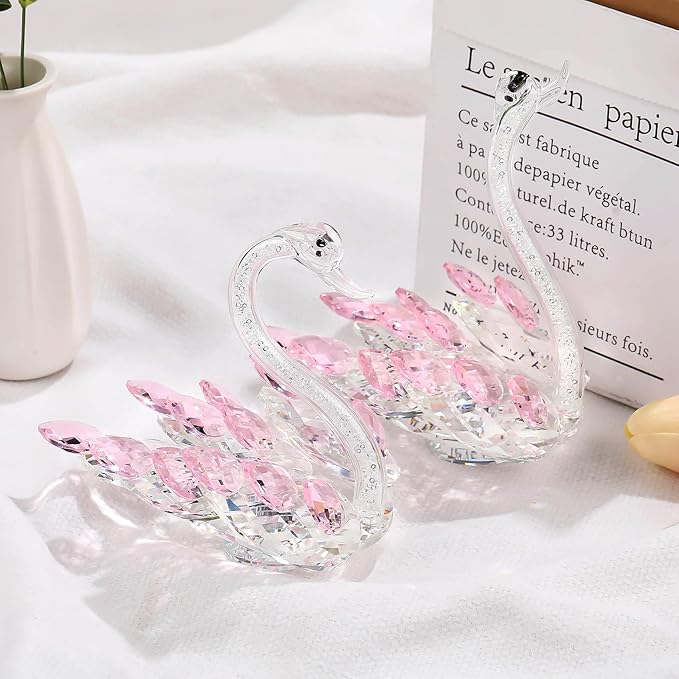Set of 2 Crystal Pink Swans Anniversary Wedding Gifts for Women, Mom, Couple, Swan Figurines Collectibles Birthday Presents Keepsake for Parents Home Decor (6.5in Gift Boxed)