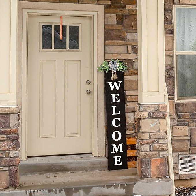 Outdoor Welcome Sign for Front Door Standing 47"X8" Large Farmhouse Wood Framed Tall Leaner Vertical Decor Rustic Home Outside Welcome Sign for Front Porch Decoration (Black)