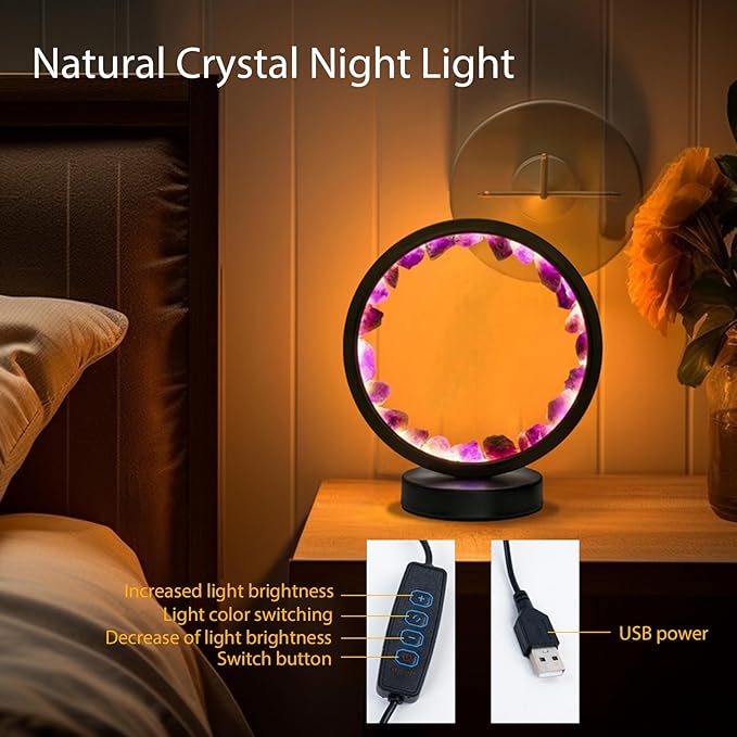 Runyangshi Amethyst Night Lamp 8.6" Natural Healing Crystal Bedside Lamp USB Port 3 Colours Dimming Mode Bedroom Lamp Suitable Night Light for Living Room Bedroom Office Home Decor Ideal Gift