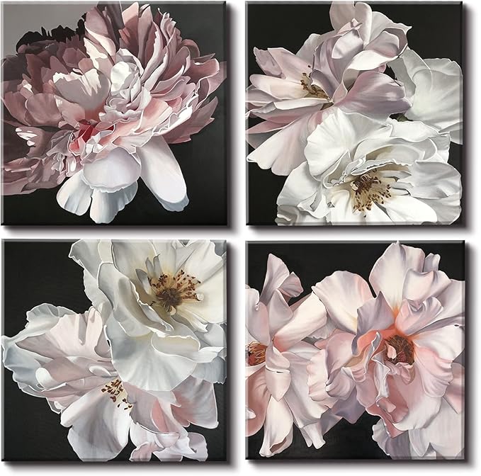 Yxbhhym Floral Canvas Wall Art White Flowers Wall Picturs Prints Pink Florals Artwork for Wall Dรฉcor Painting Poster for Bathroom Art Living Room Decor-Framed Wall Art -12x12inches x 4 pcs
