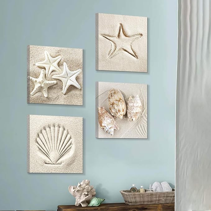 Coastal Serene Canvas Wall Art: Shells on Beach Sand Giclee Print Painting for Wall Decor for SPA Room (16''x16''x4pcs)