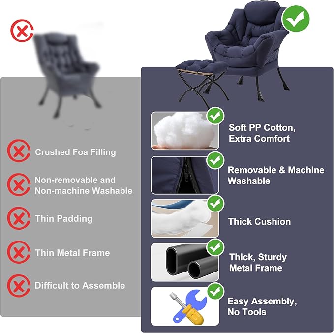 Lazy Chair with Ottoman, Modern Chair with Folding Footrest, Lounge Accent Chair, Comfortable Reading Chair (Navy Blue)