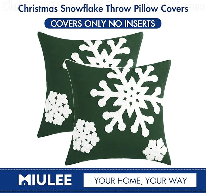 MIULEE Pack of 2 Christmas Decorative Snowflake Throw Pillow Covers Canvas Embroidery Winter Cushion Cases Holiday Decor Soft Pillowcases for Winter Couch Sofa Bedroom Car(Dark Green, 20x20in)