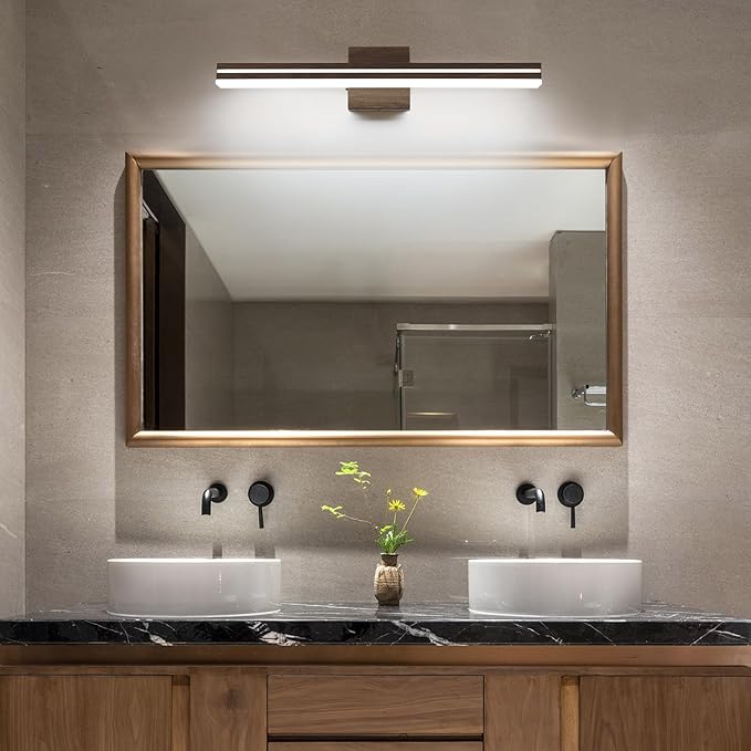 SineRise LED Modern Bathroom Vanity Light Fixtures (24-Inch, 3000K/4000K/6000K, Dimmable), Brown Wood Painted Modern Acrylic Bathroom Wall Lighting Fixtures Over Mirror